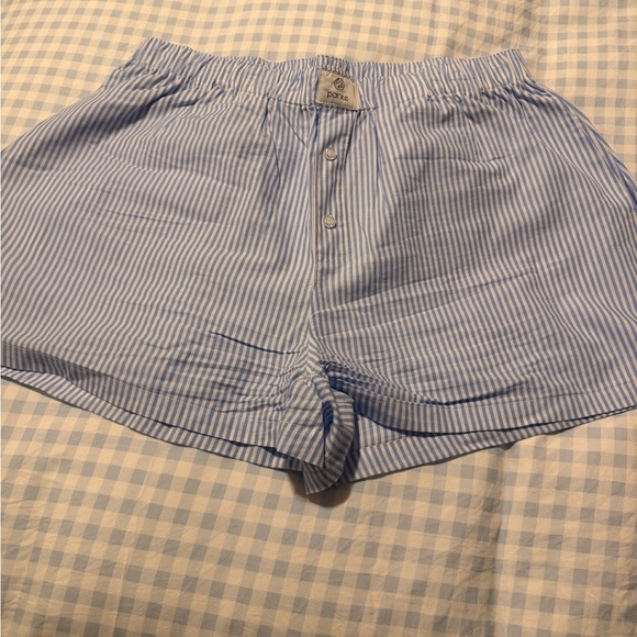 Parke Pants - Light Blue Stripe Elastic-Waist Cotton Shorts by Parke